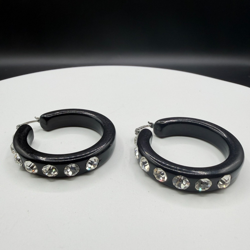 Black Chunky Hoop Earrings Clear Rhinestone Statement Y2K Glam Sparkle Pierced
